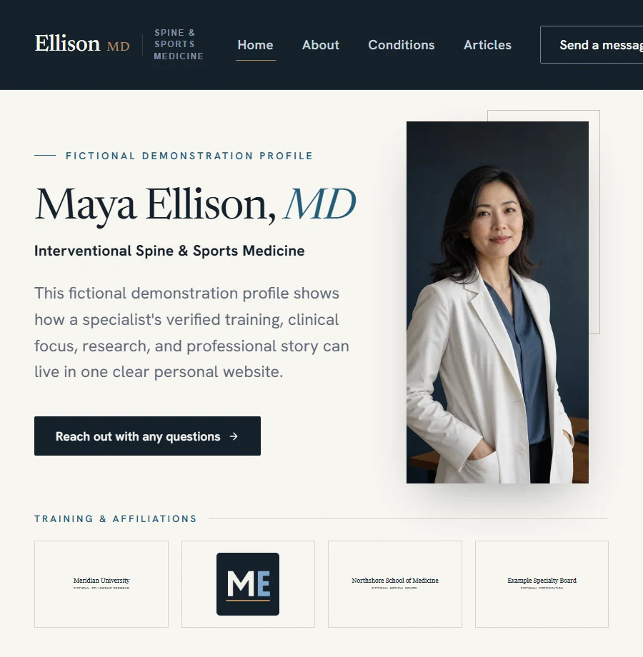 Fictional physician website showing Dr. Maya Ellison's portrait, specialty, biography, and training